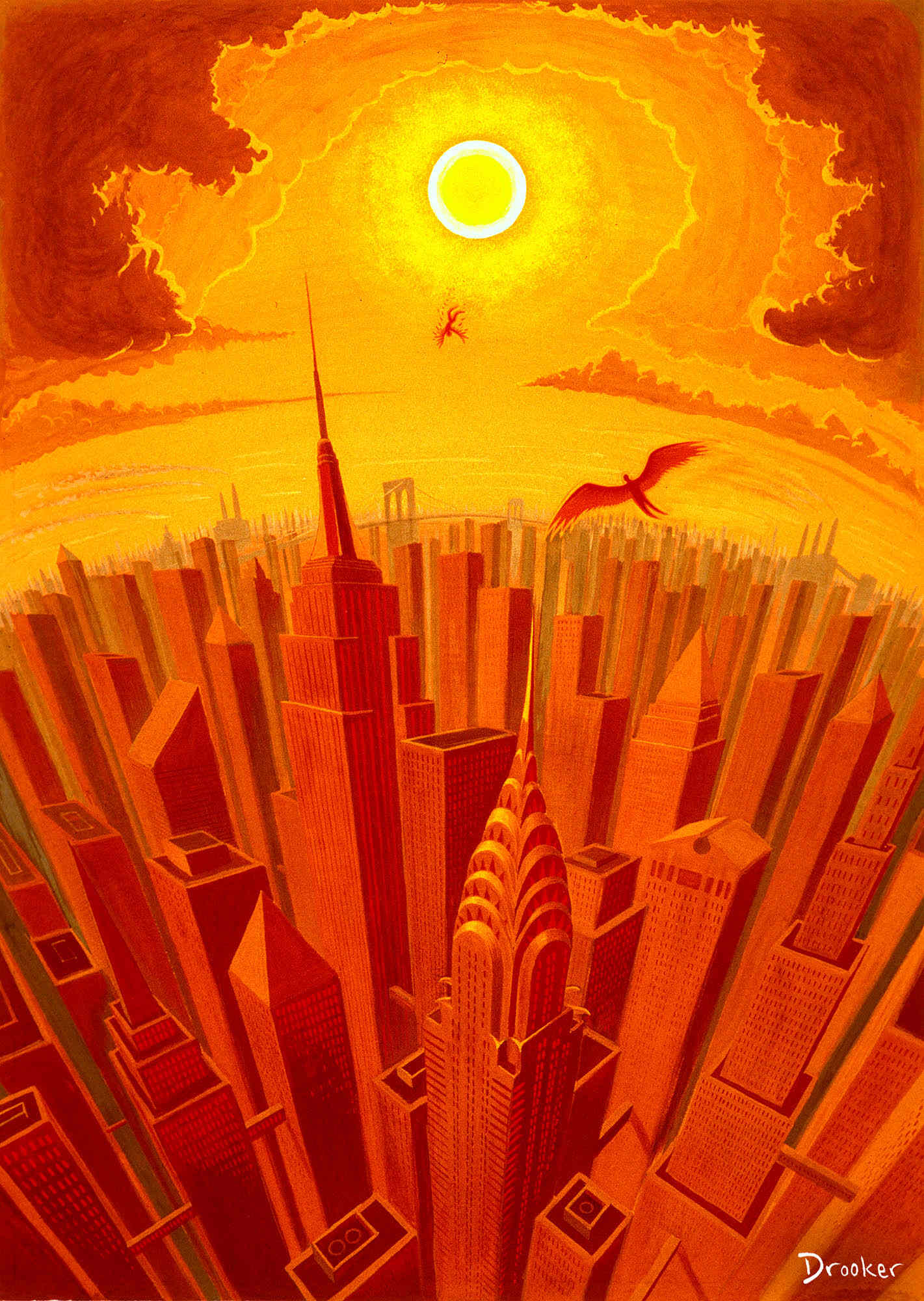 Painting of Icarus over Manhattan by Eric Drooker